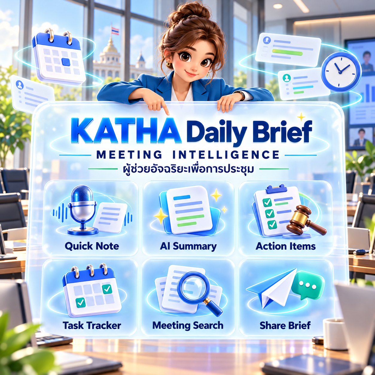 KATHA Daily Brief — Quick Note, AI Summary, Action Items, Task Tracker, Meeting Search, Share Brief